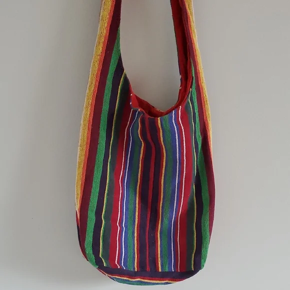 Multicolor Striped Cotton Crossbody Boho Hippie Festival Vacation Sling Bag - Picture 4 of 9